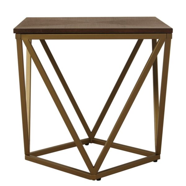 Mesa de metal dorada con tablero de madera