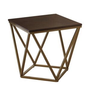 Mesa de metal dorada con tablero de madera